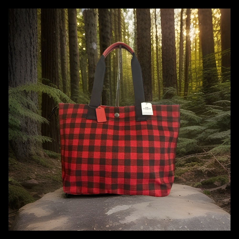 Coach Large Gingham Canvas Tote Buffalo Plaid in Ruby Red Black  39848